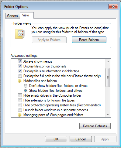 hidden folder options